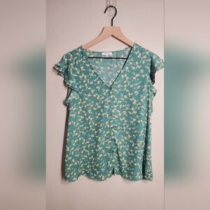 Floral Green Ruffle Sleeve Top
